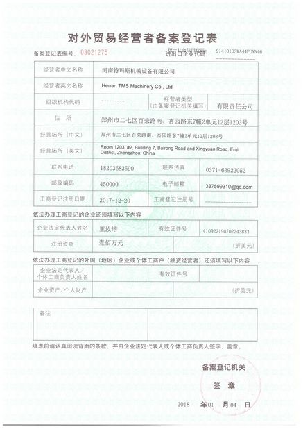 China HENAN TMS MACHINERY CO., LTD Certificações