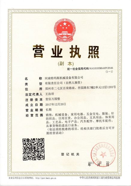 China HENAN TMS MACHINERY CO., LTD Certificações